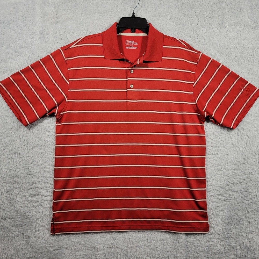 PGA Tour Golf Polo Shirt Mens Large Orange Red White Stripe